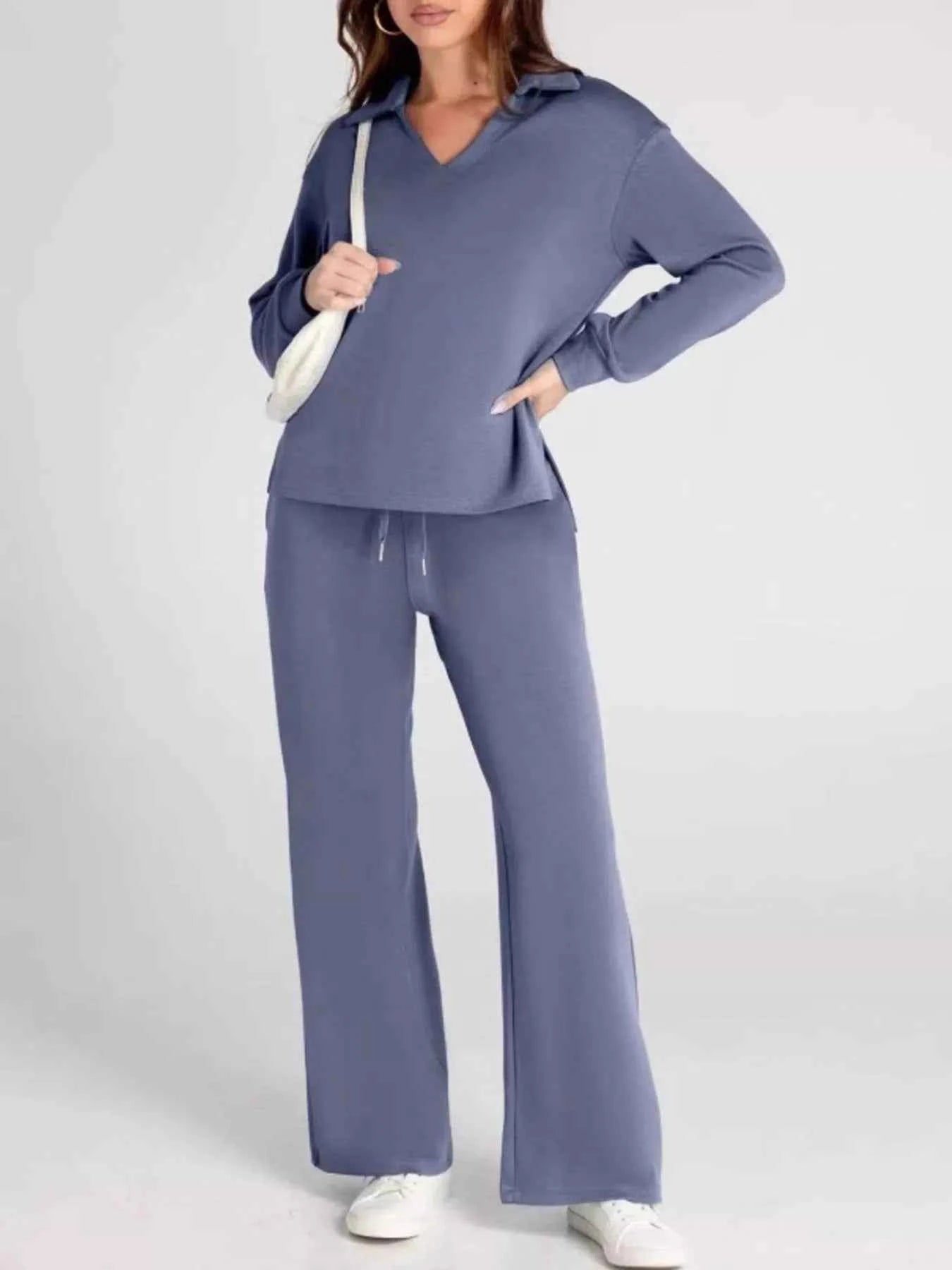 Full Size Johnny Collar Long Sleeve Top and Pants Plus Size