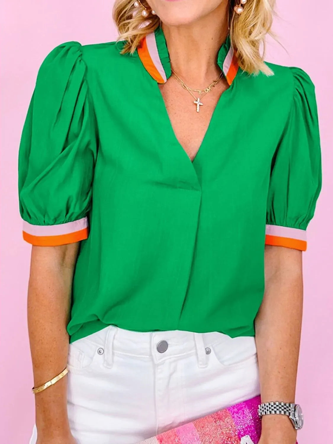 Carrot Colorful Trim V Neck Short Sleeve Blouse.
