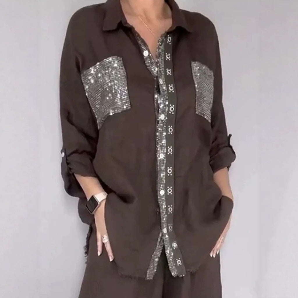 New Fashion Casual Women's Set with Pocket Placket and Gold Embellished Round Neck Design