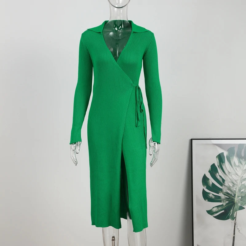 Women's V-neck Split Knitting Wrap Dress Lace Up Ribbed Polo Collar Sexy Party Dresses For Women Green Long Robe Autumn Elegant eprolo