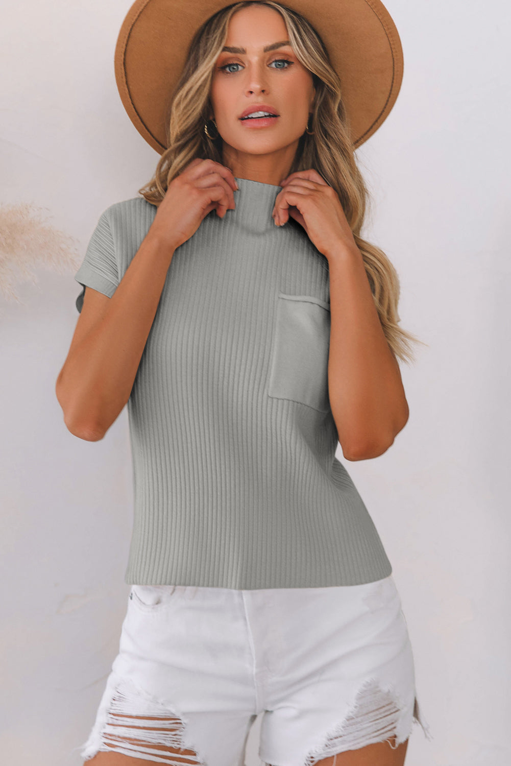 Gray Patch Pocket Ribbed Knit Short Sleeve Sweater Dear-Lover Dropshipping