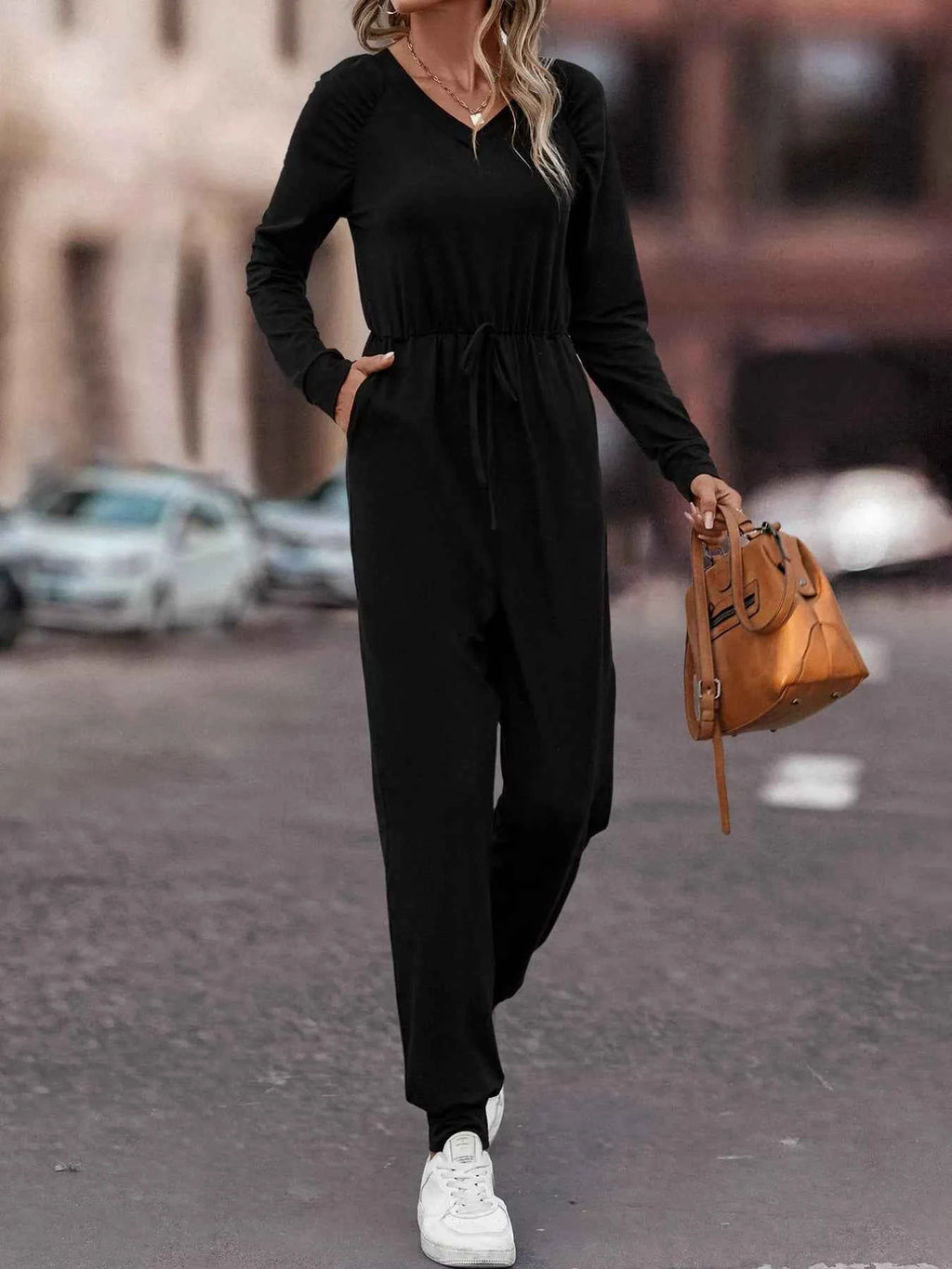 Casual Long Sleeve Drawstring Waist Jumpsuit
