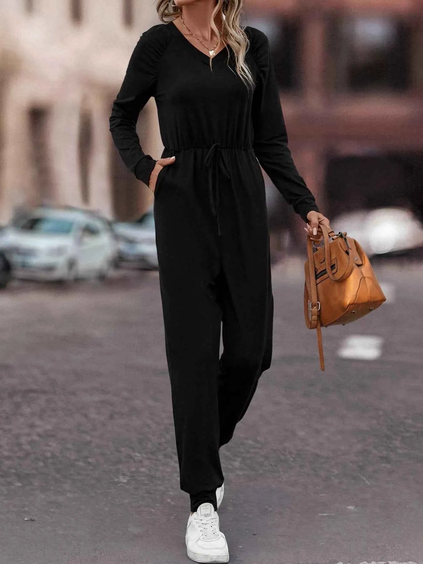 Casual Long Sleeve Drawstring Waist Jumpsuit