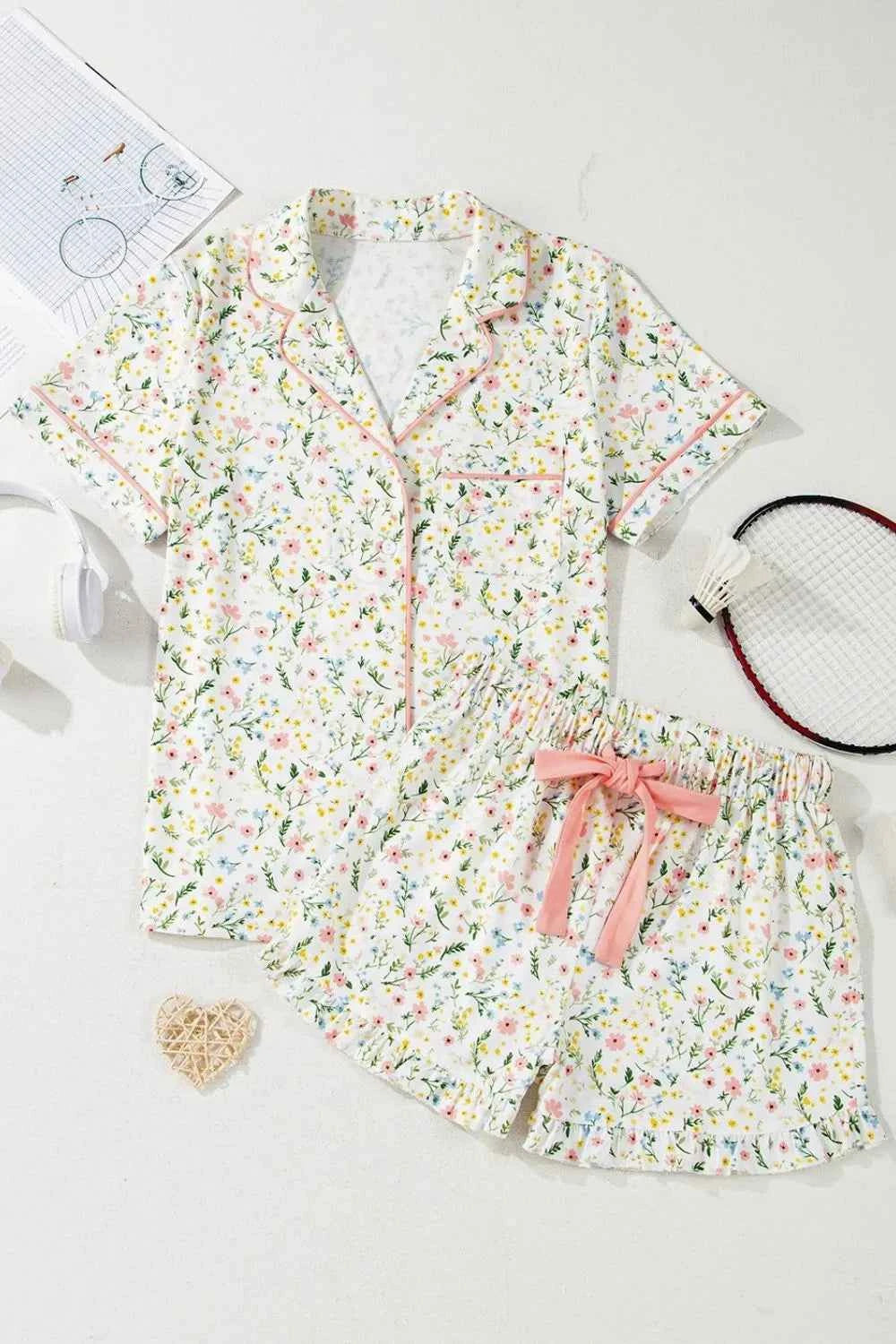 Button Up Short Sleeve Top and Shorts Lounge Set