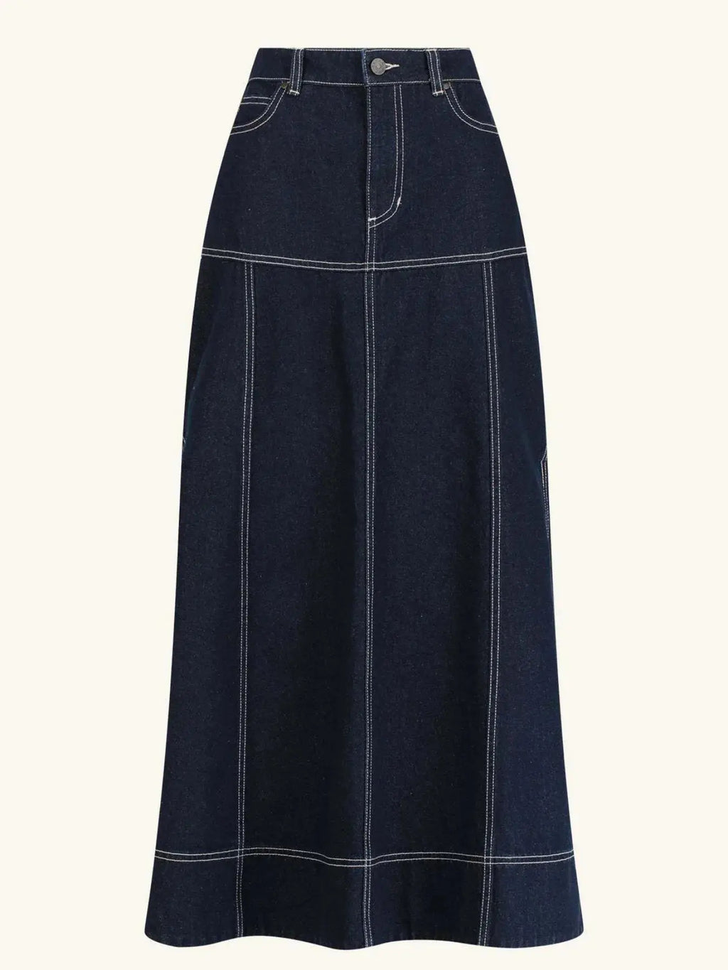 High-Waist Side Slit Contrast Stitch Denim Maxi Skirt.