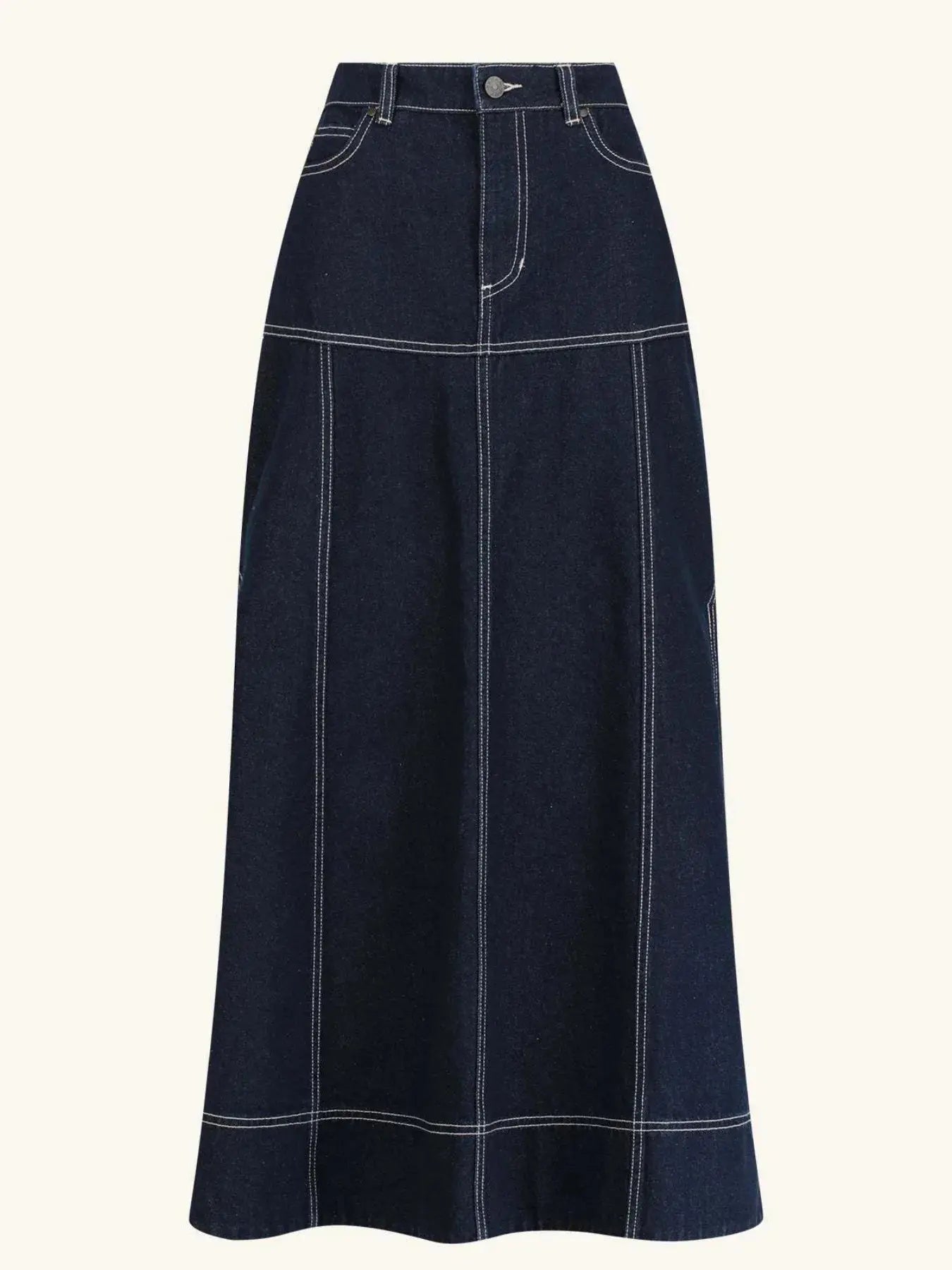 High-Waist Side Slit Contrast Stitch Denim Maxi Skirt.