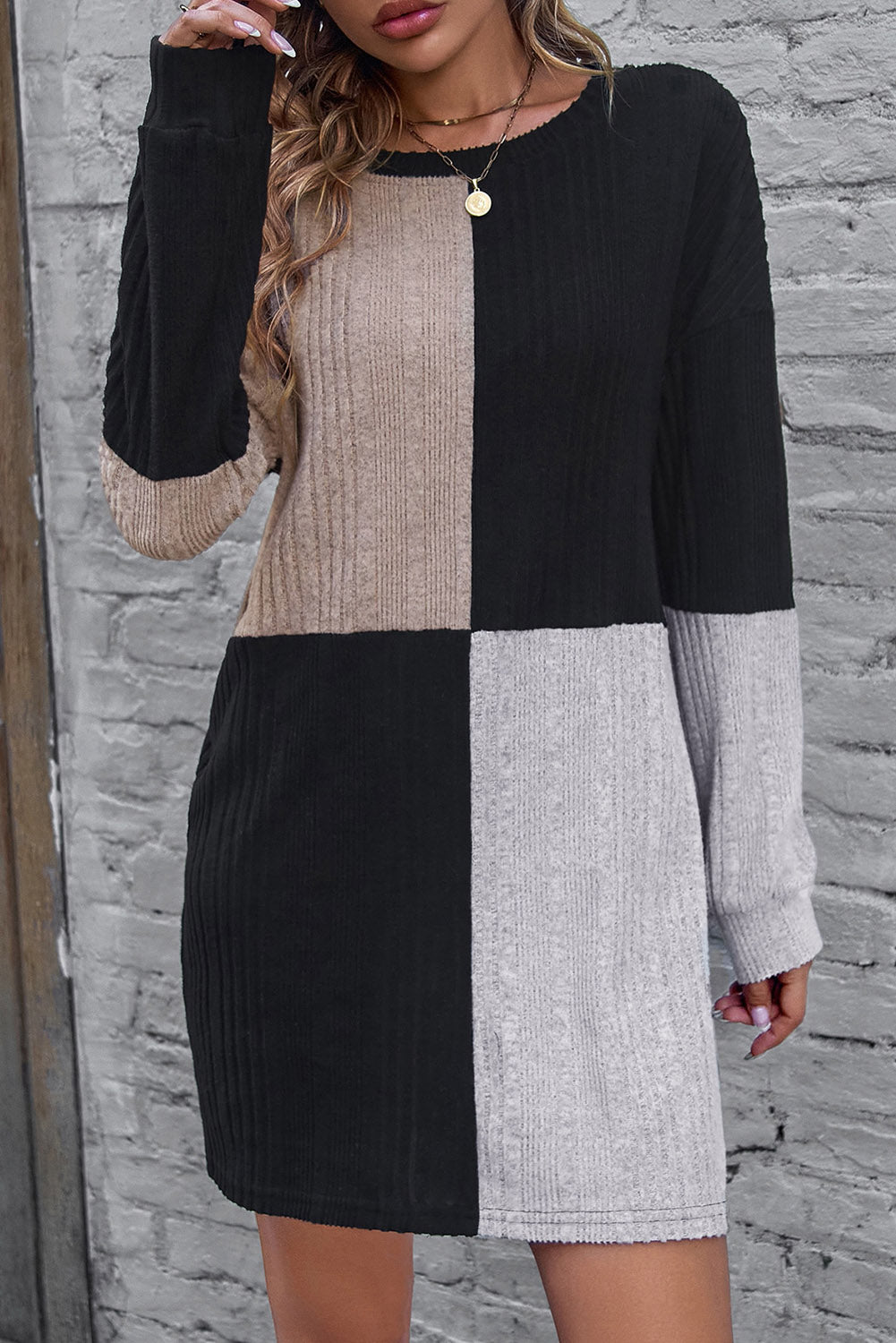 Black Ribbed Color Block Drop Shoulder Long Sleeve Mini Dress Dear-Lover Dropshipping