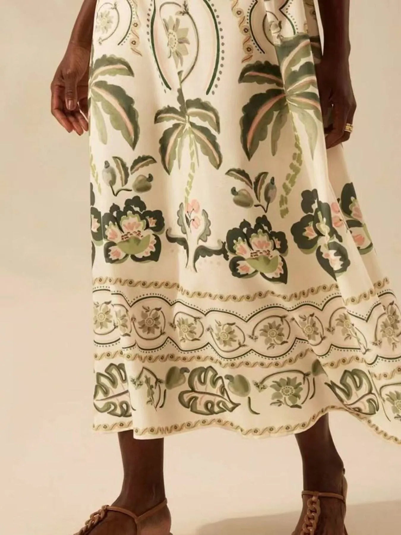 Palm Print V-Neck Midi Dress.