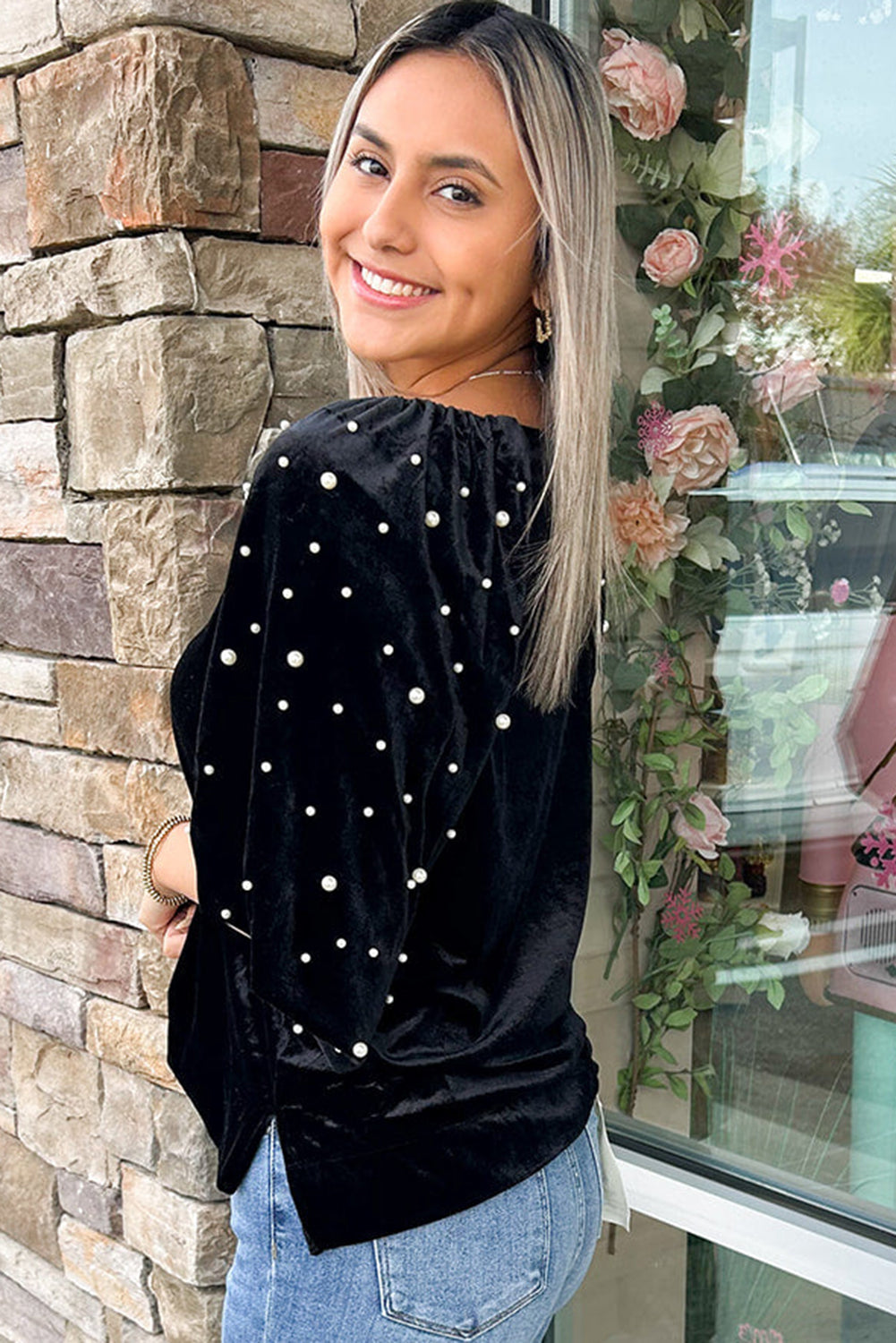 Black Pearl Beaded Half Sleeve Velvet Top Dear-Lover Dropshipping