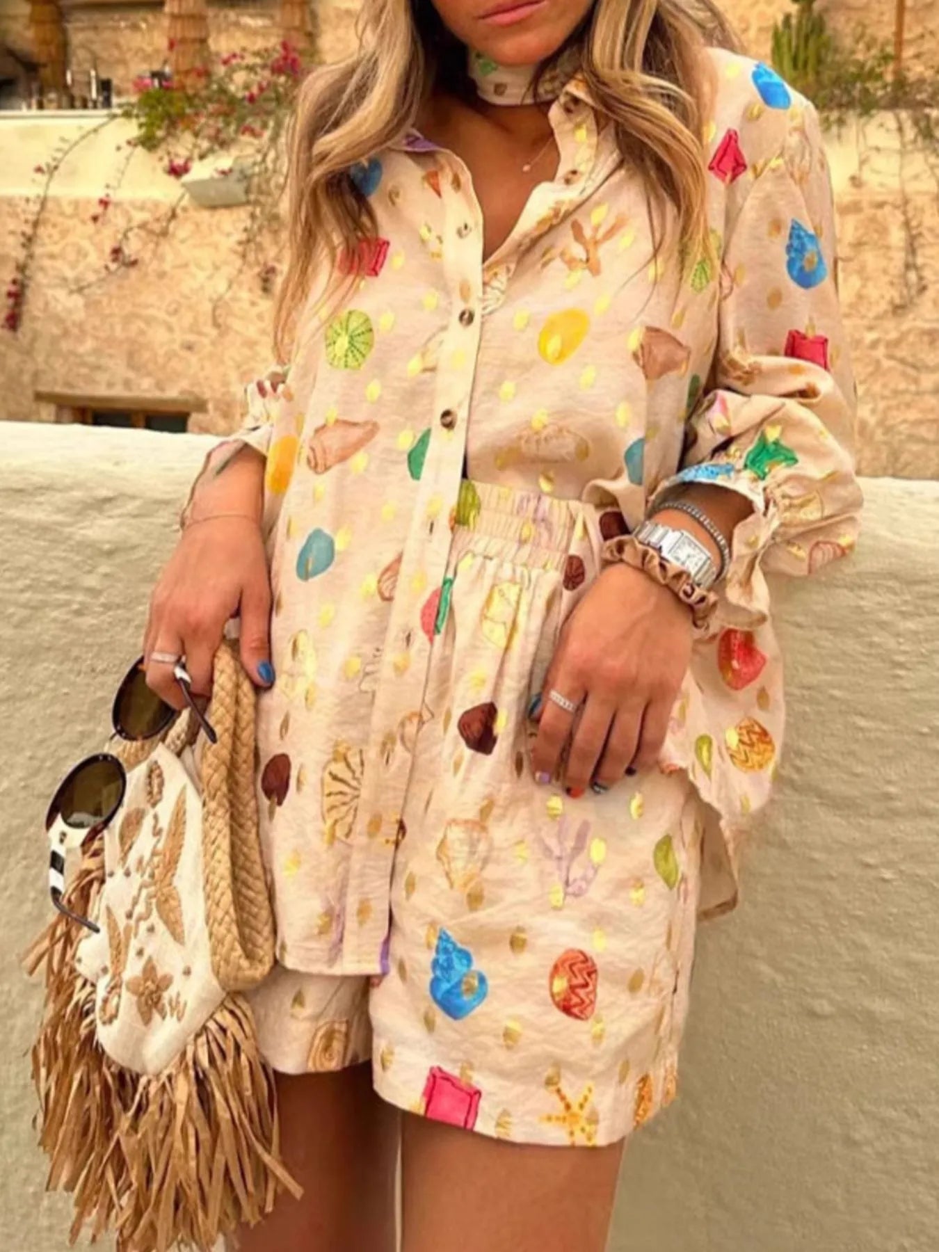 Colorful Print Shirt and Shorts Matching Set.