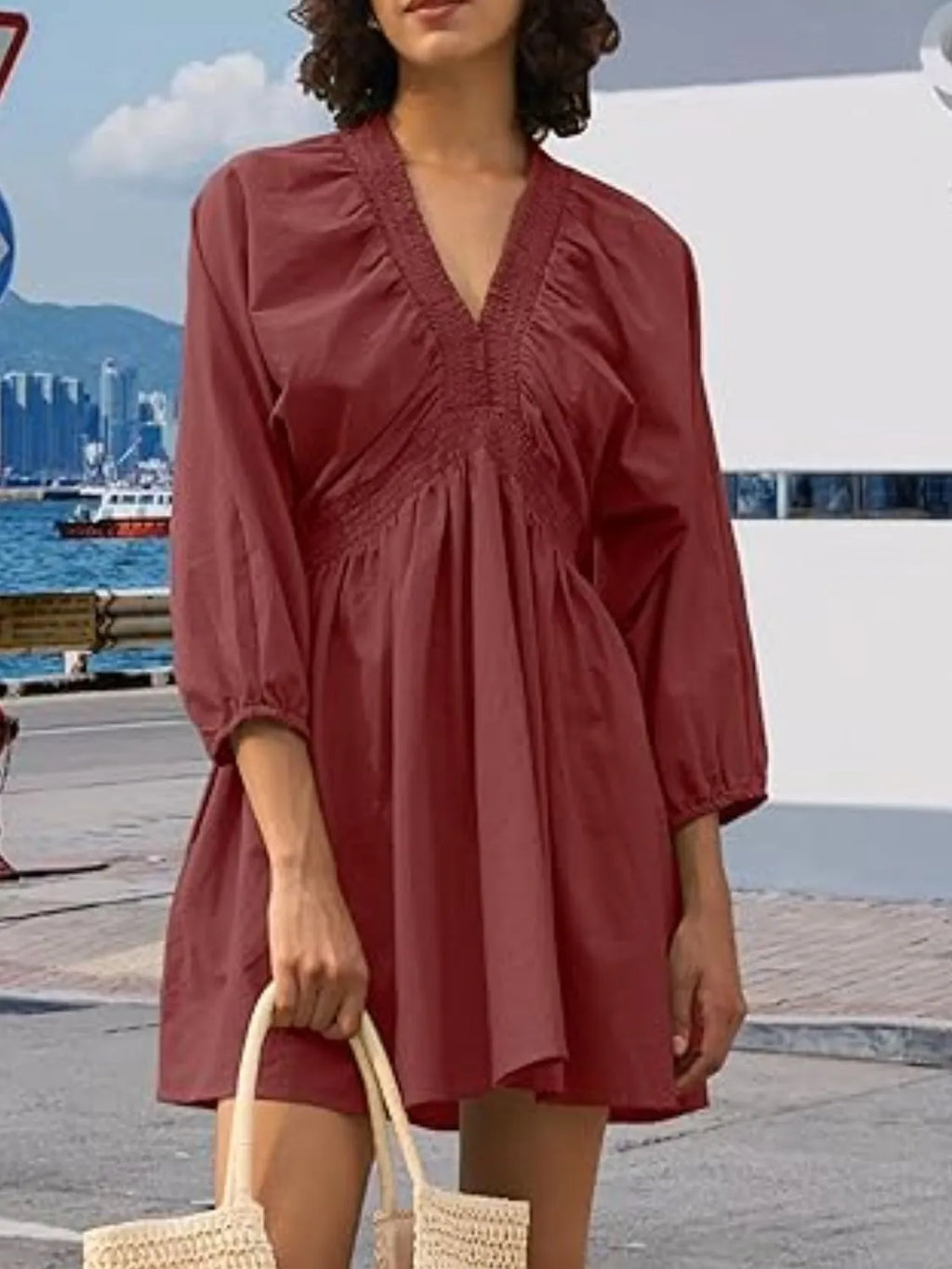 Textured V-Neck Mini Dress.