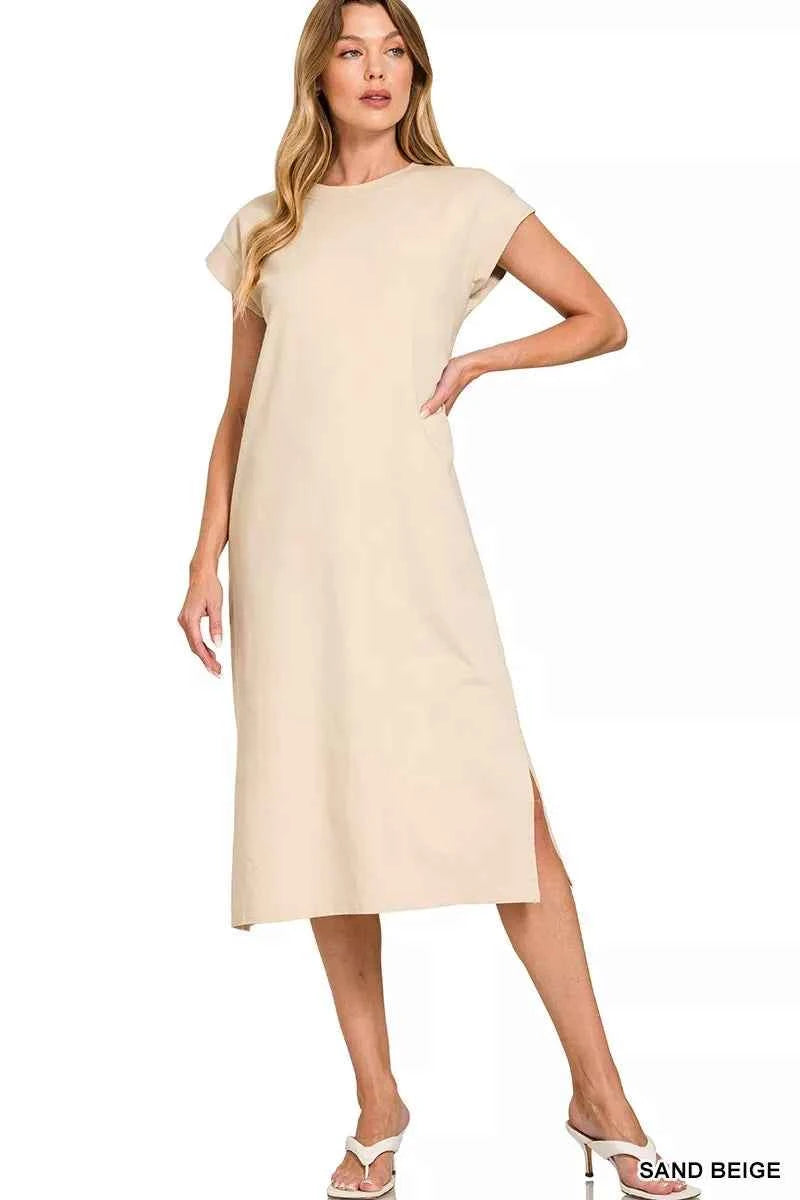 Zenana Round Neck Side Slit Midi Dress