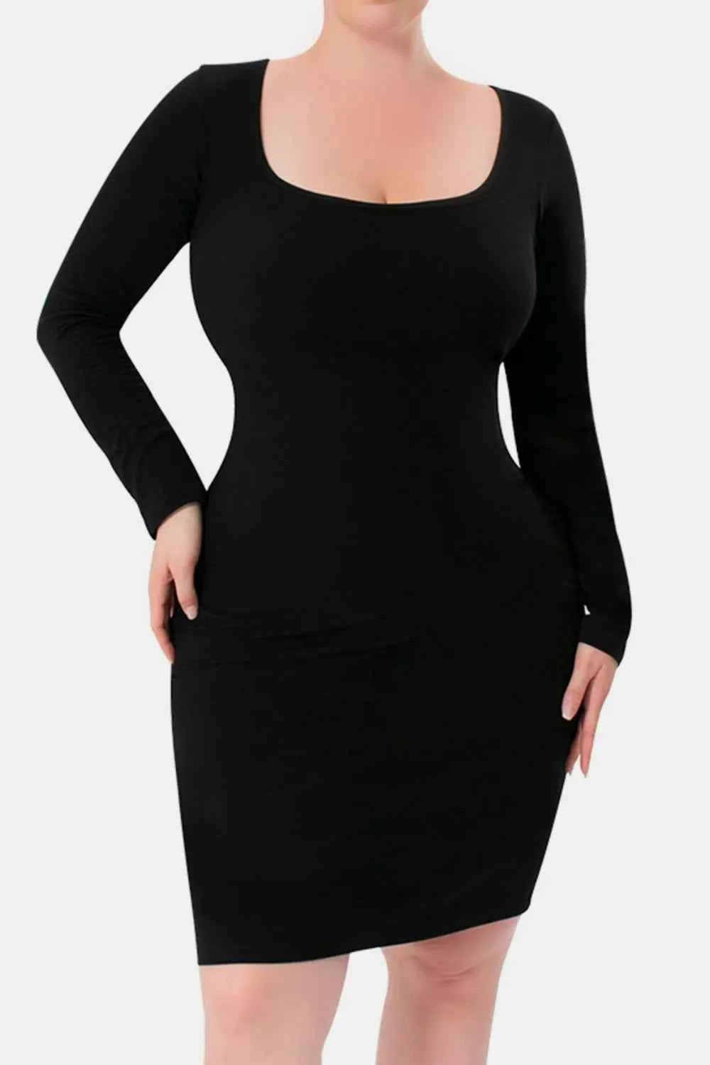 Basic Bae Full Size Built-In Shapewear Square Neck Long Sleeve Dress.