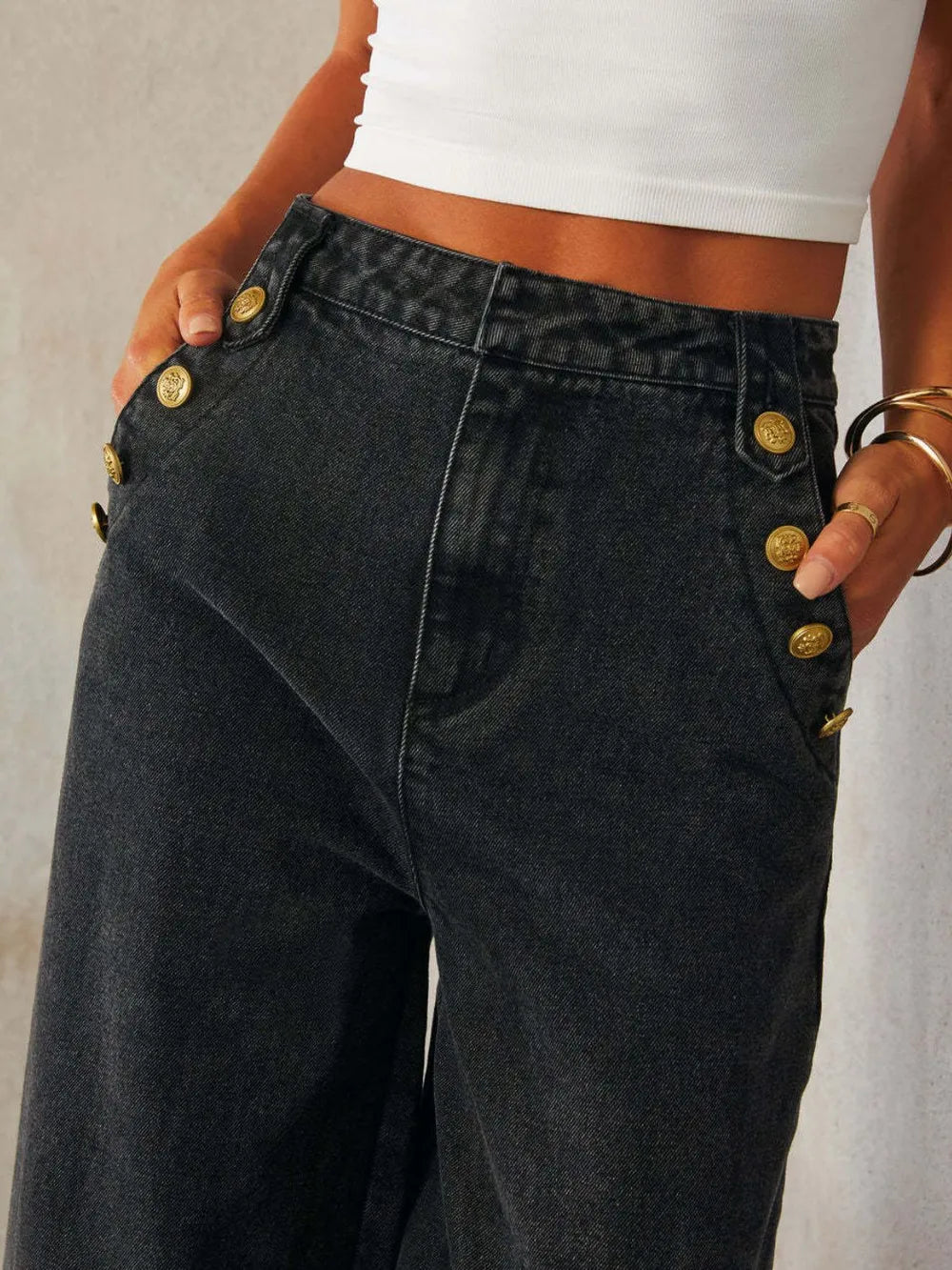 Button Decor High Rise Wide Leg Jeans.