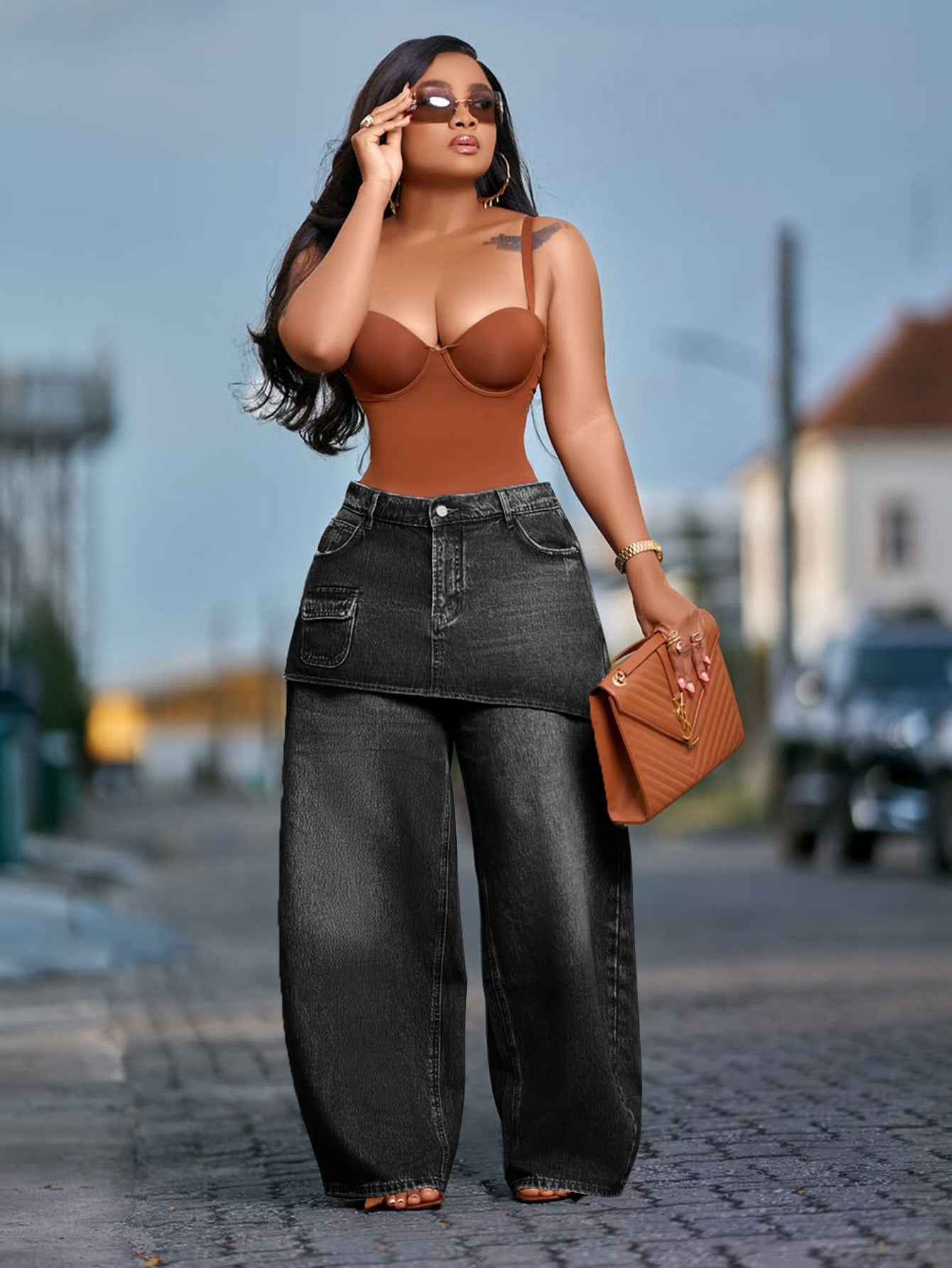 Retro Faux Two-piece Wide-leg Denim Jeans