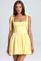 Square collar high waisted pleated patchwork bow suspender dress
