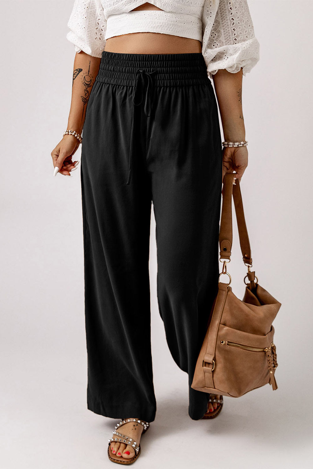 Black Drawstring Elastic Waist Casual Wide Leg Pants Dear-Lover Dropshipping