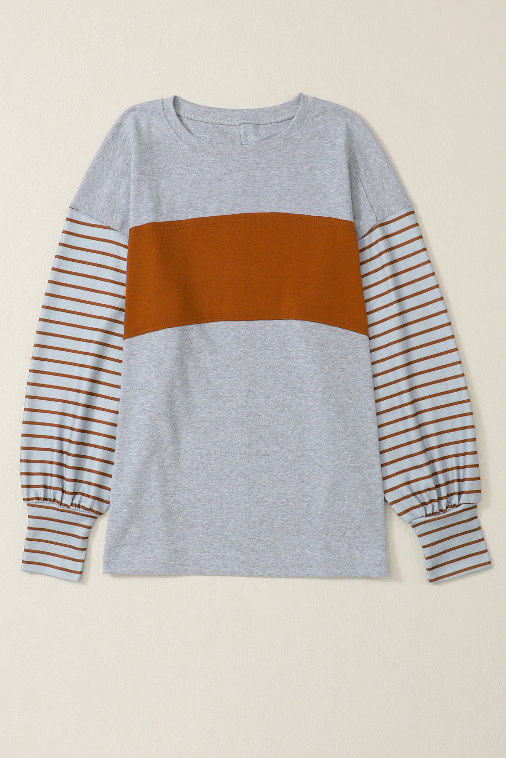 Gray Colorblock Striped Bishop Sleeve Top Dear-Lover Dropshipping