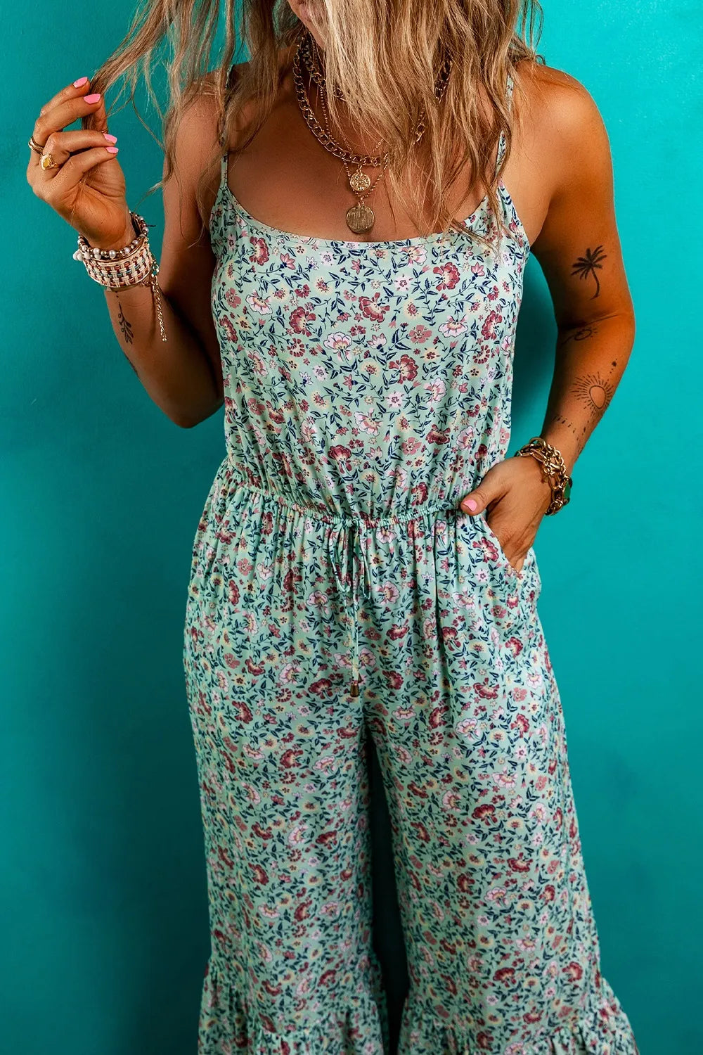 Bohemian Floral Ruffle Bottom Spaghetti Strap Jumpsuit.