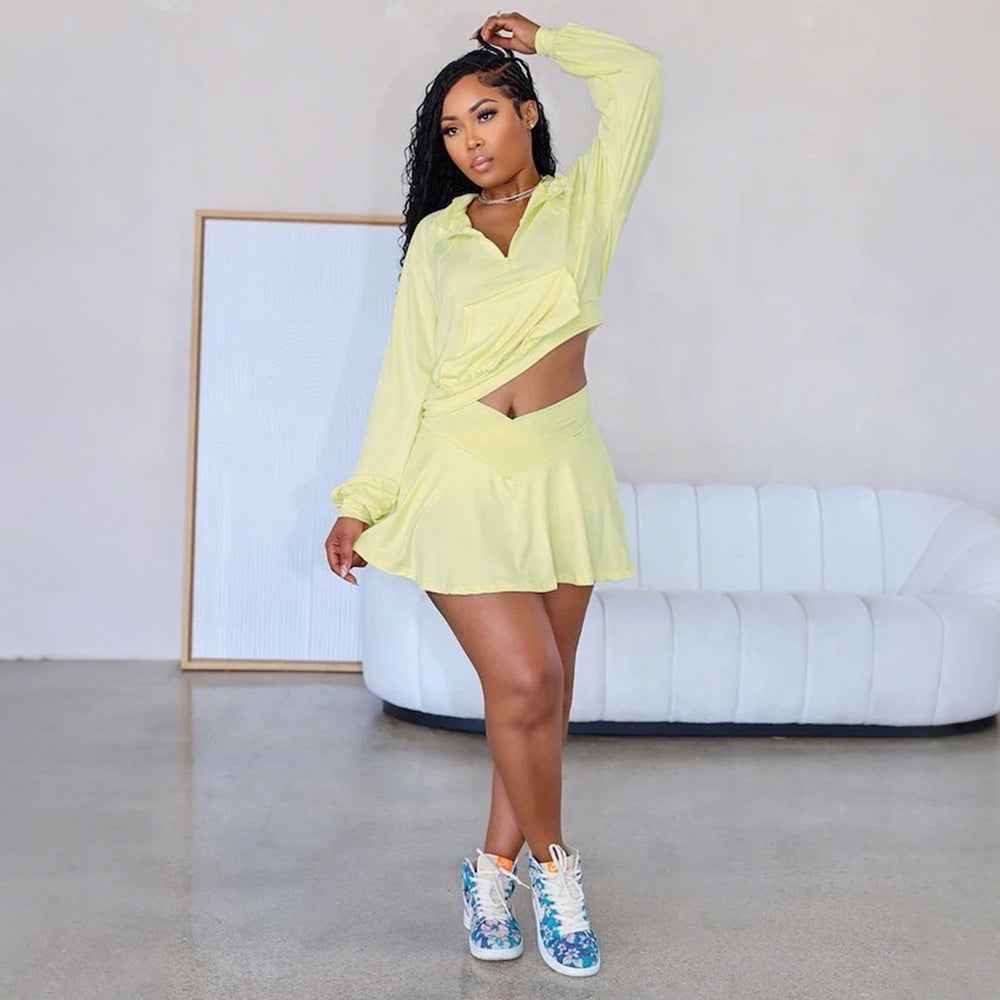 Solid Color Suit Set for Women - Casual Sportswear Two-Piece Skirt and Pants with Hoodie Top