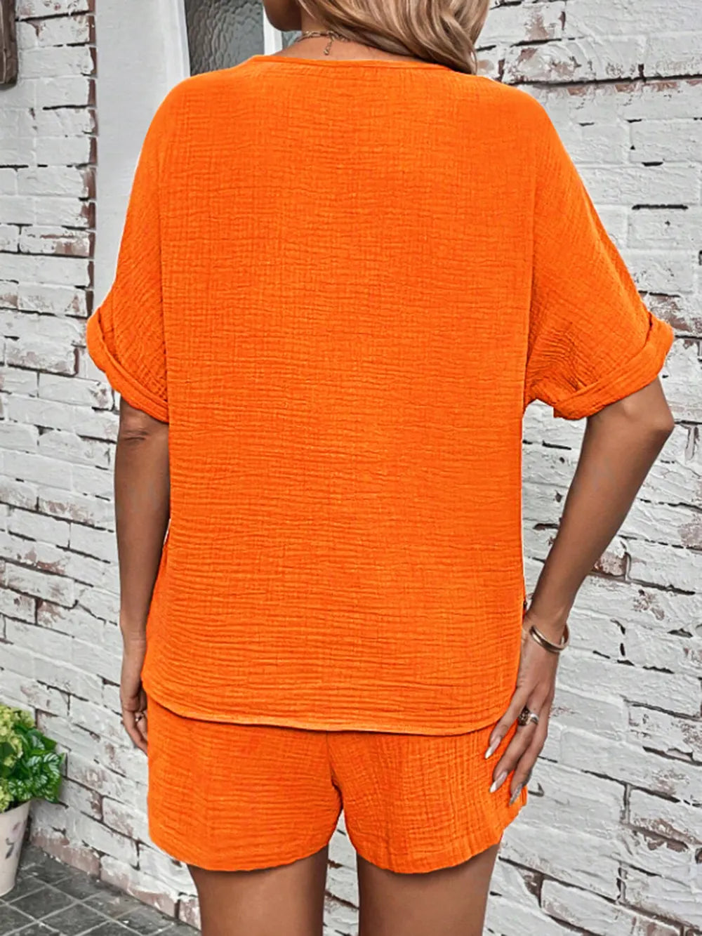 Notched Half Sleeve Top and Shorts Set - CHIC TB