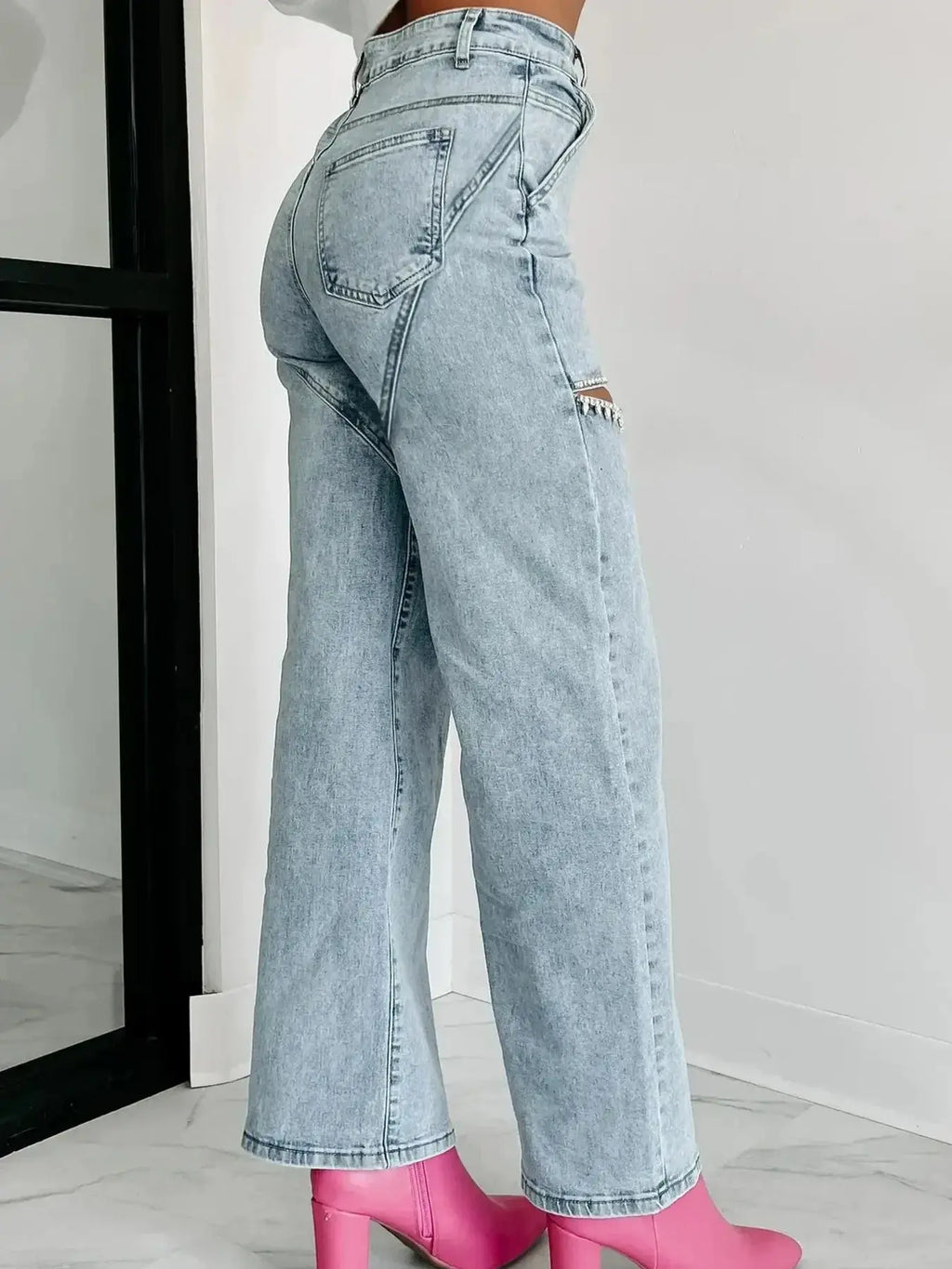 High Waist Cut-Out Wide Leg Jeans.