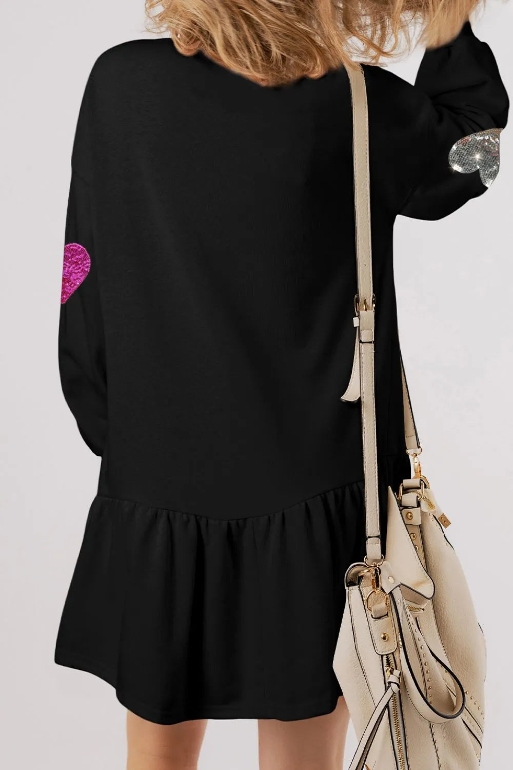 Sequin Heart Round Neck Long Sleeve Mini Dress.