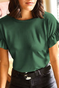 Blackish Green Solid Color Ribbed Ruffled Short Sleeve T Shirt