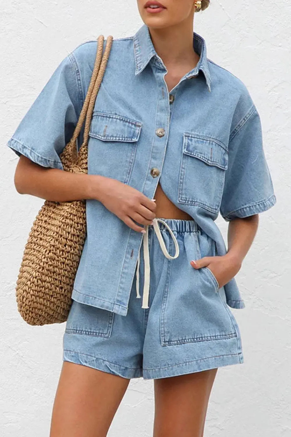 Button Up Top and Shorts Denim Set.