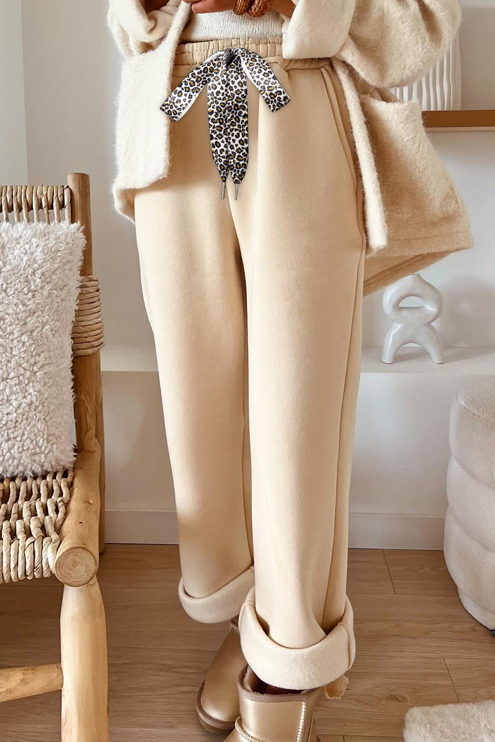 Oatmeal Fleece Lined Leopard Drawstring Elastic Waist Solid Pants Dear-Lover Dropshipping