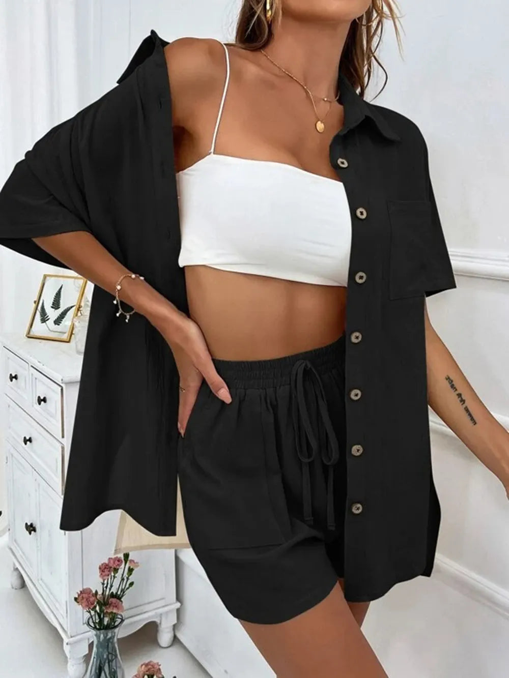 Button Up Shirt and Drawstring Shorts Set - CHIC TB