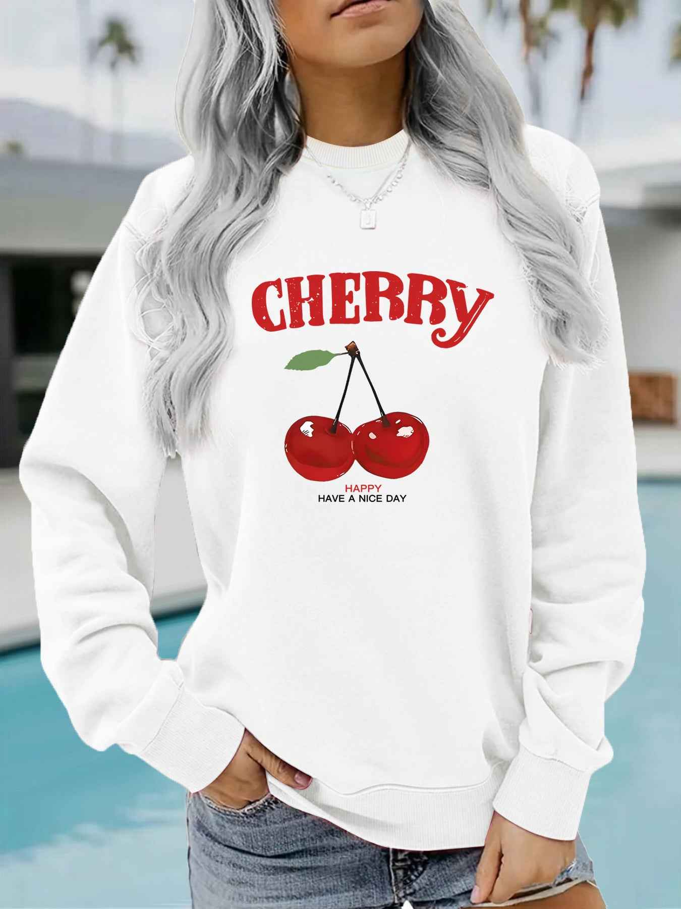 Round neck CHERRY cherry print pullover sweatshirt