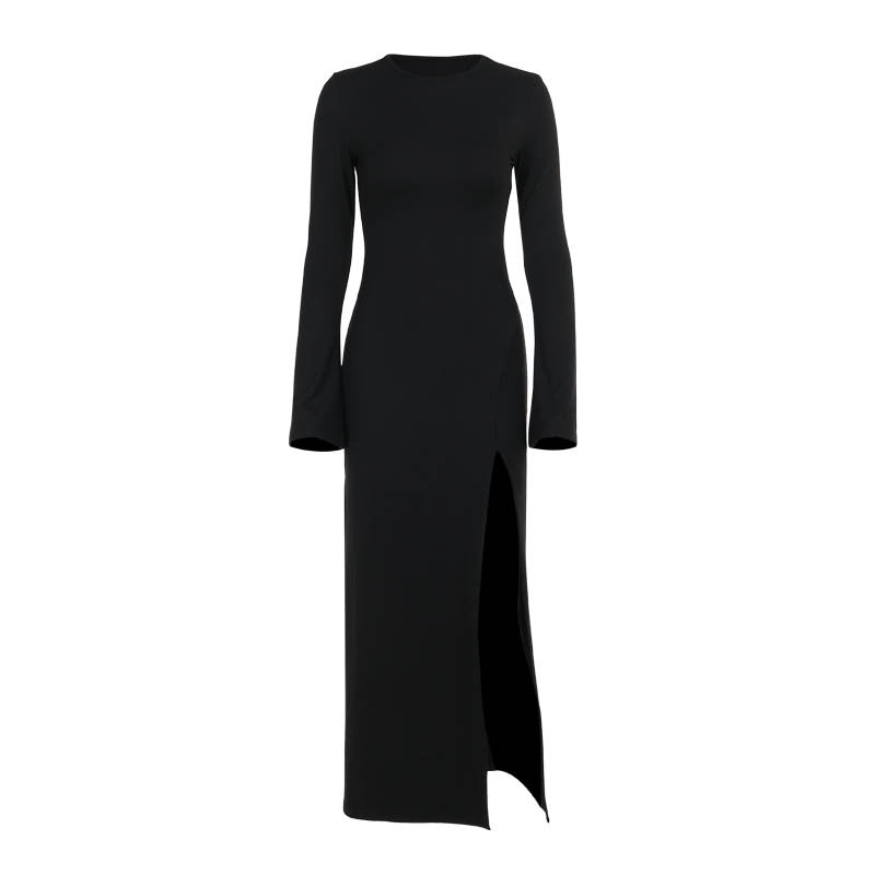 Sexy slit slightly flared long sleeved collar dress for women