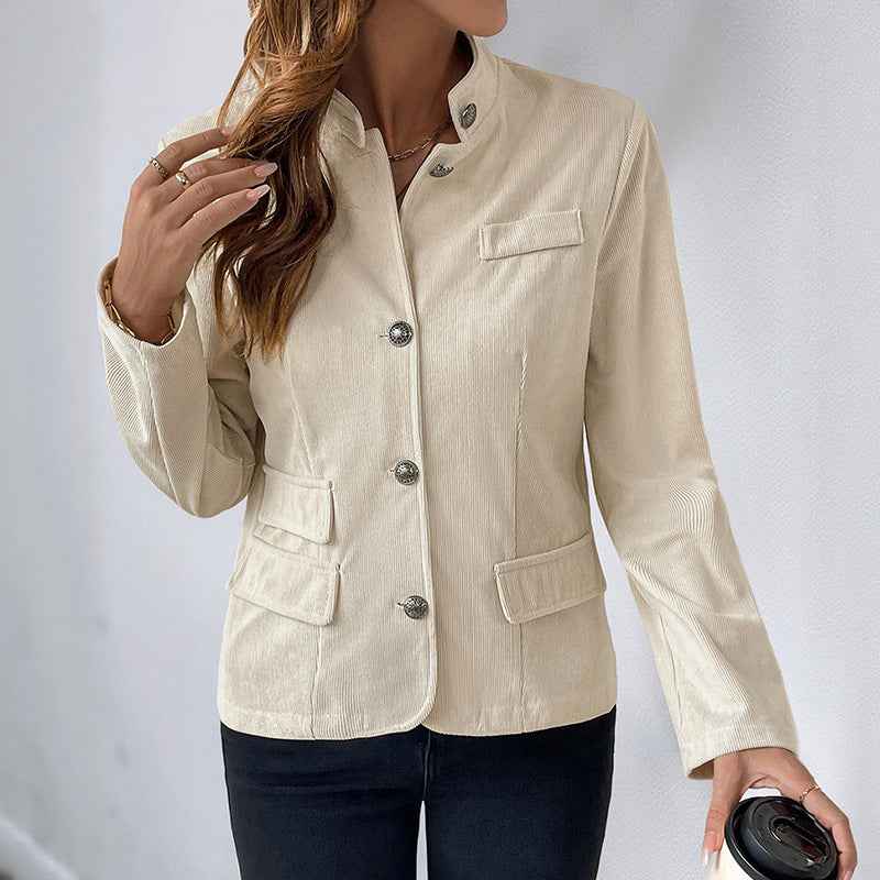 Retro style slim fit stand up corduroy apricot coat