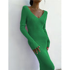 Elegant Pleated A-line Midi Dresses Female V-neck Casual eprolo