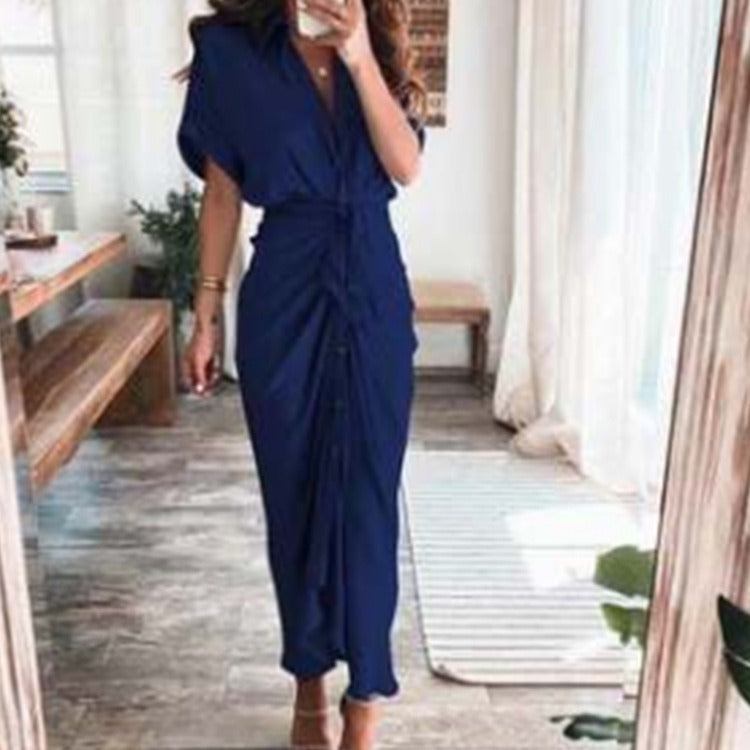 Autumn new short sleeved temperament commuting high waisted printed long dress