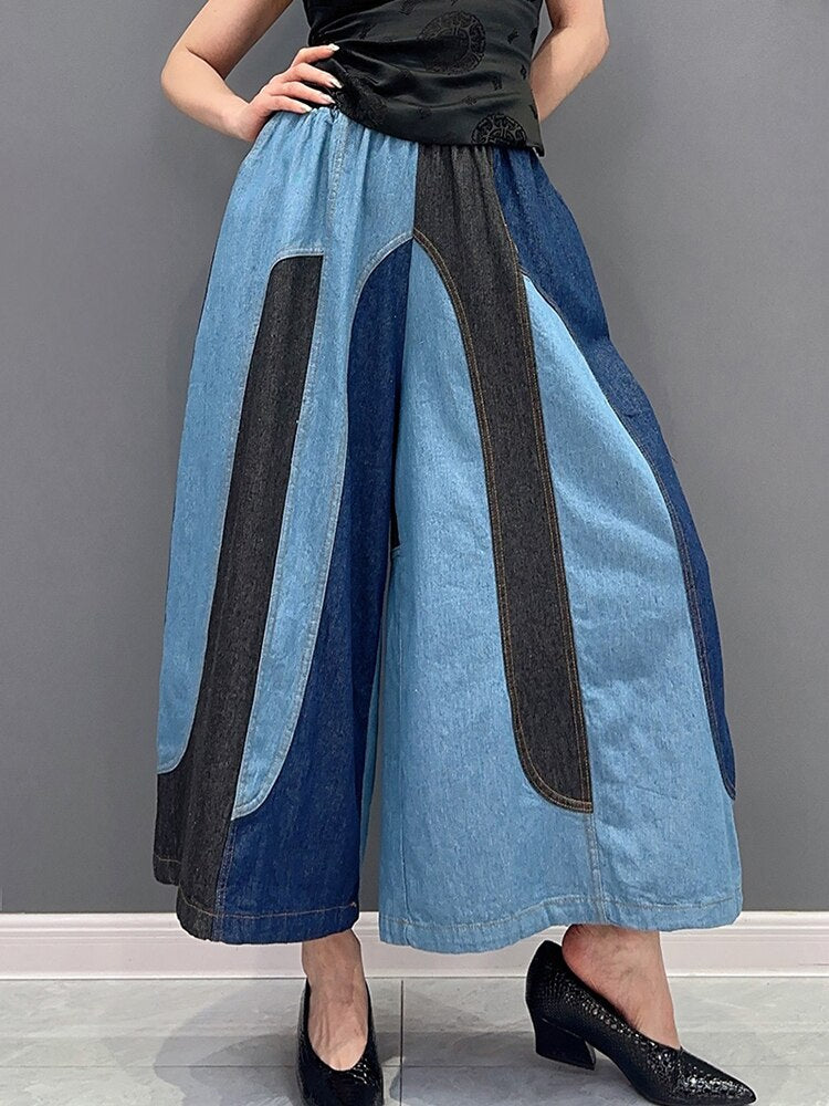 Fashion Casual Patchwork Elastic Waist Wide Leg Pants Ankle Length Pants Trendy Women Pants eprolo