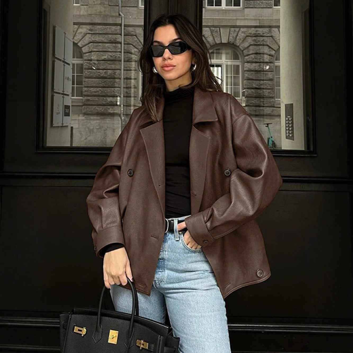 Loose suit collar leather mid length jacket for women