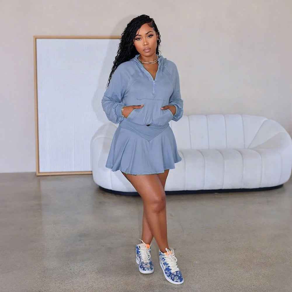 Solid Color Suit Set for Women - Casual Sportswear Two-Piece Skirt and Pants with Hoodie Top
