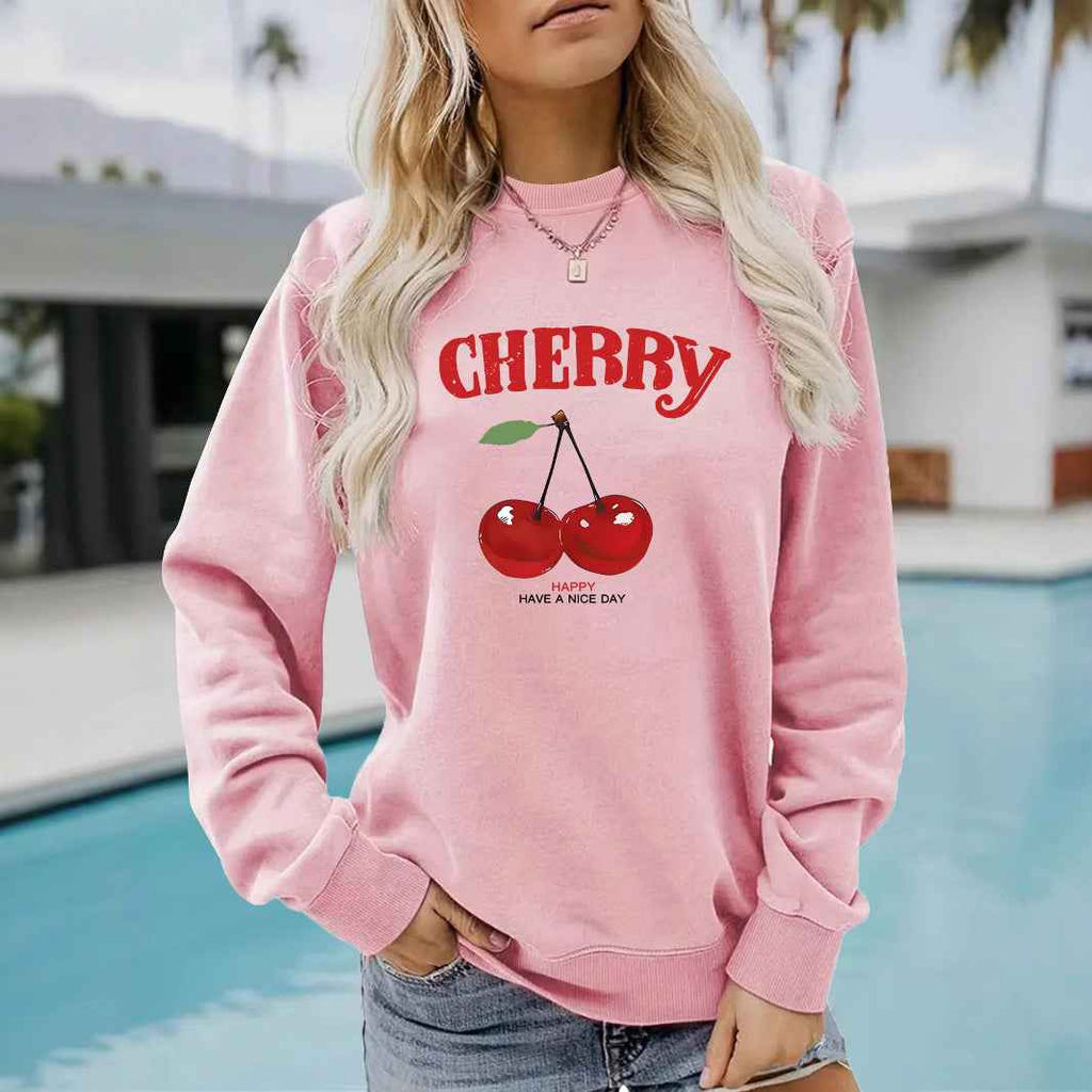 Round neck CHERRY cherry print pullover sweatshirt