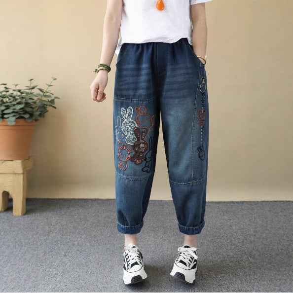 Vintage Cartoon Rabbit Embroidered Denim Pants Women Loose Plus Size Floral Embroidery Nine-Point Calf-Length Wide-Leg Trousers Thin Style