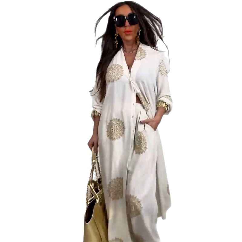 Elegant and sexy V-neck top+printed wide leg pants two-piece set