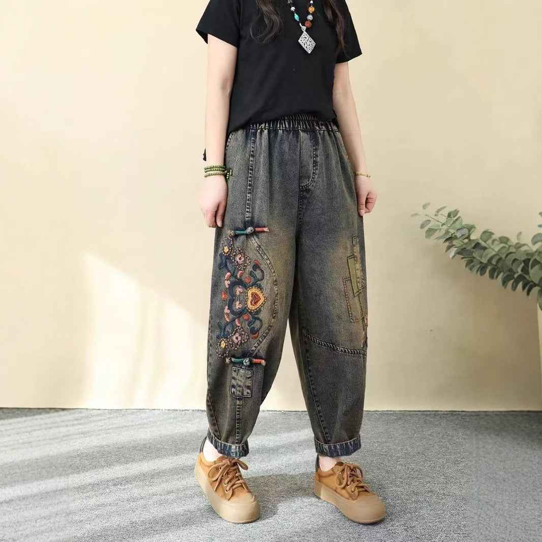 Vintage Ethnic Style Colorful Button Embroidered Denim Pants Women Loose Plus Size Floral Embroidery Nine-Point Harem Pants Spring