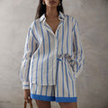 Linen Blue and White Stripe Shirt Women's Loose Bohemian Long Sleeve Casual Set Office Wear Two-Piece Shirt