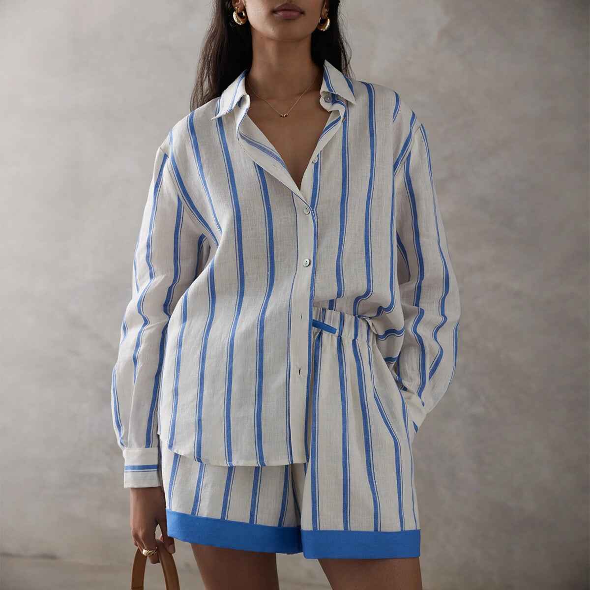Linen Blue and White Stripe Shirt Women's Loose Bohemian Long Sleeve Casual Set Office Wear Two-Piece Shirt