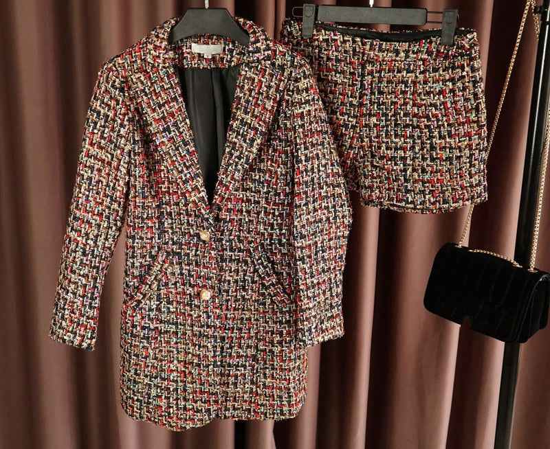 Runway Tweed Set Turn-Down Collar multicolor Plaid Long Coat and short pant Set for Women 2 piece shorts Set