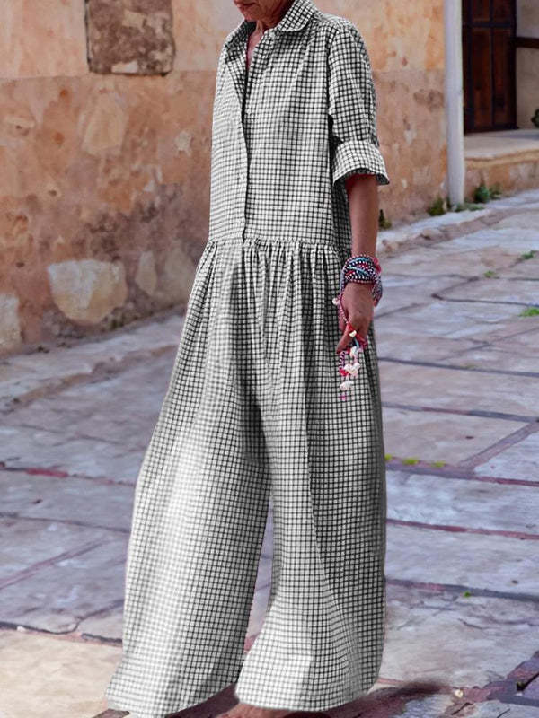 Plaid Collar Long Sleeve Jumpsuit