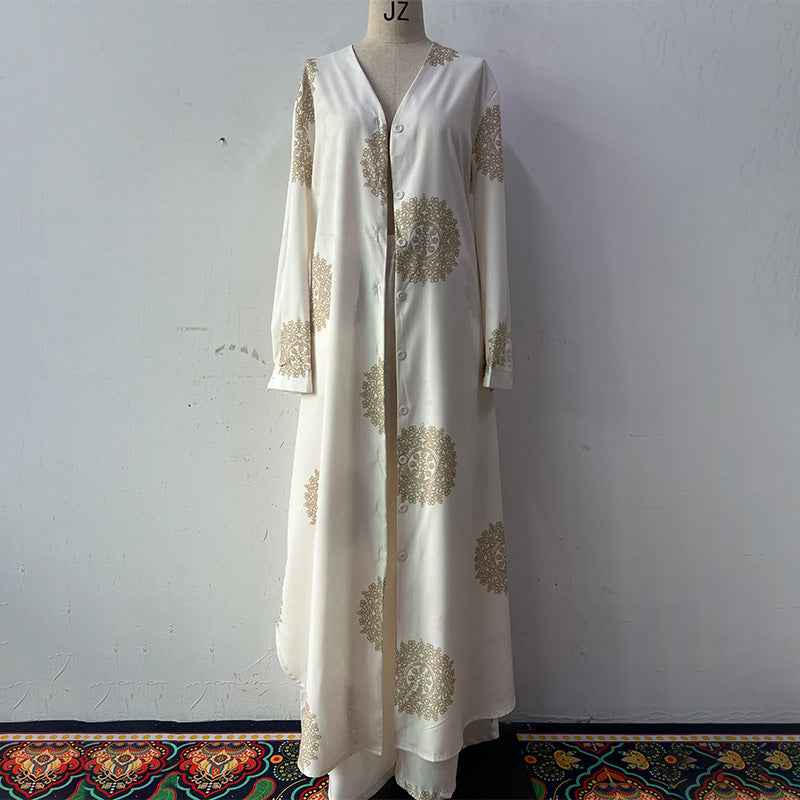 Elegant and sexy V-neck top+printed wide leg pants two-piece set