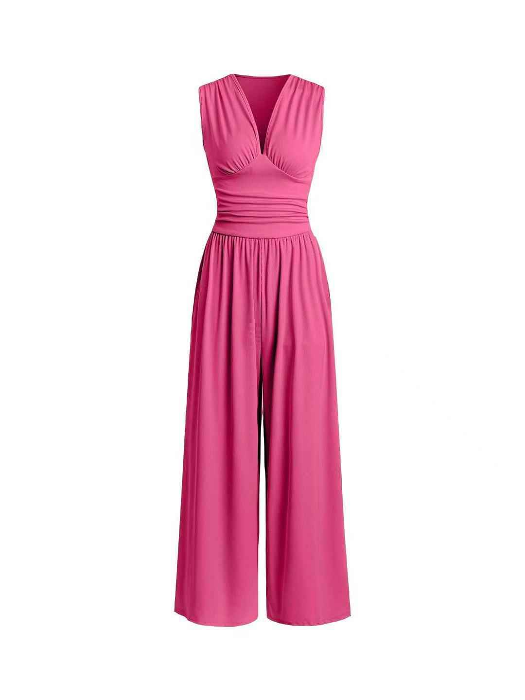 Solid color sleeveless knitted one-piece loose wide leg pants with short sleeves