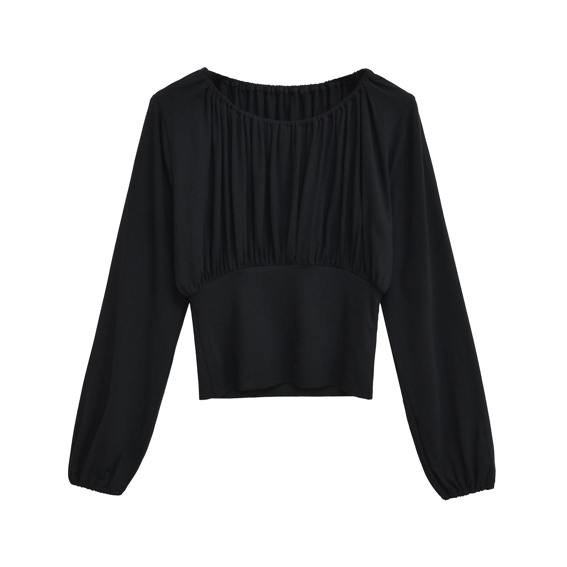 Slim fit pleated waist cinching long sleeved pullover T-shirt